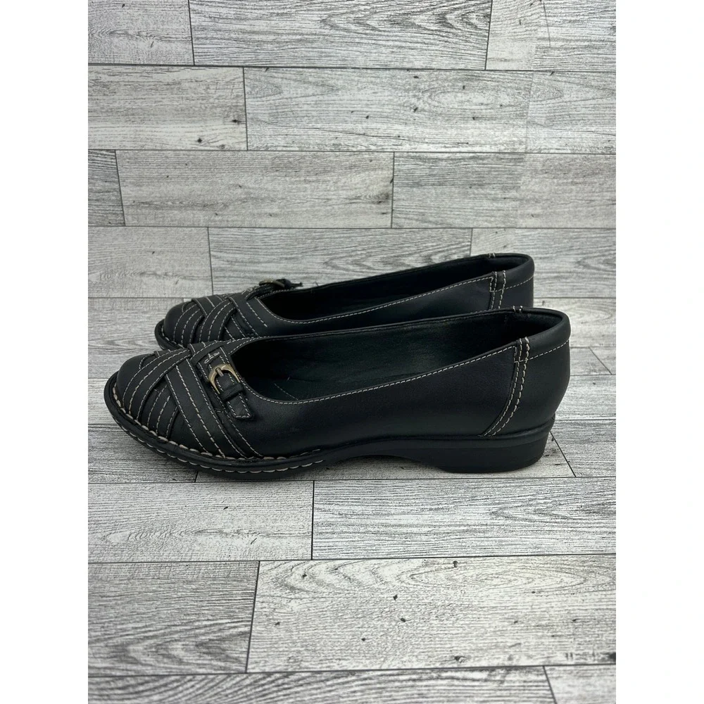 Clarks Bendables Black Leather Woven Buckle Loafers Shoes‎ 65085 Women 7M